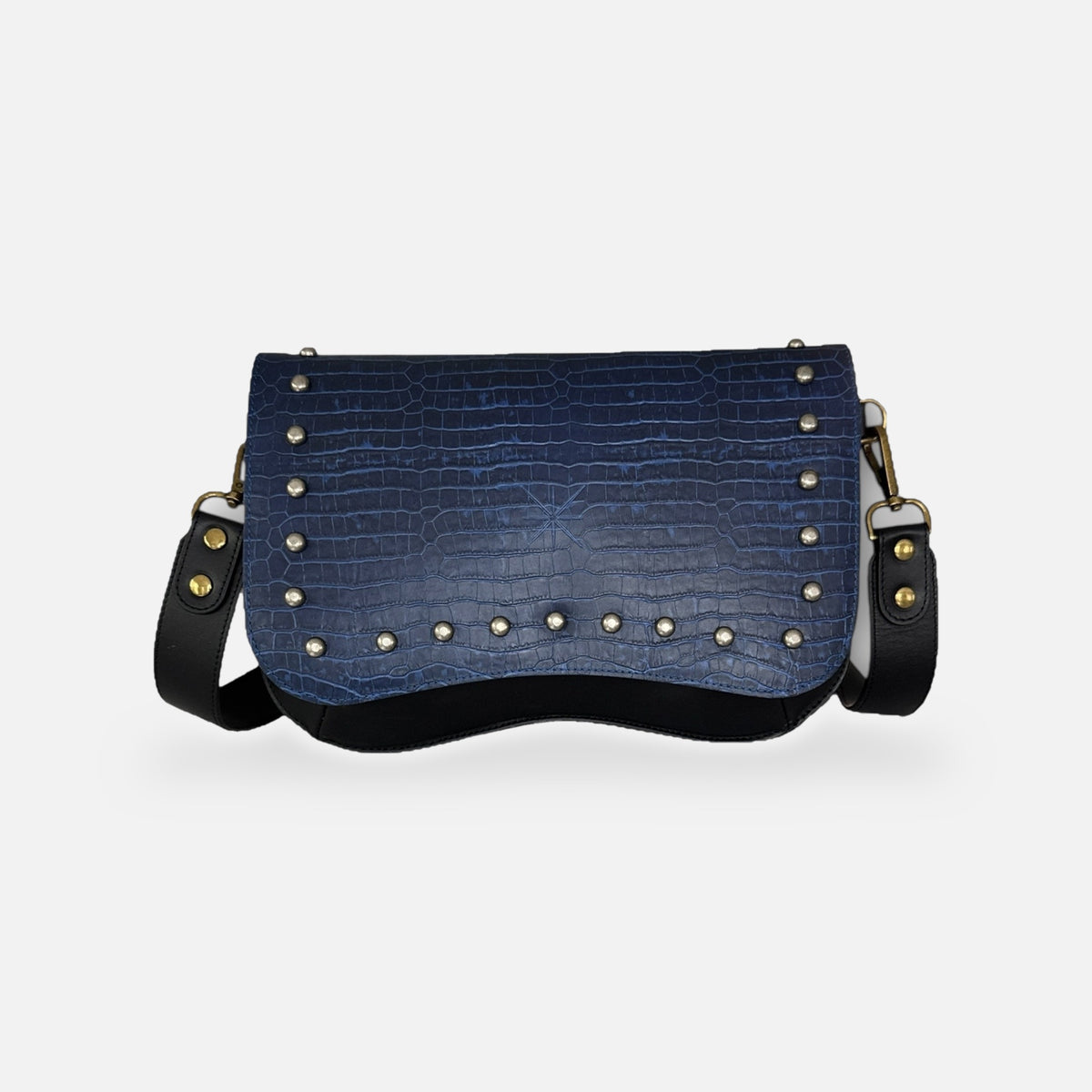 Sac Baby Double Khara bleu, rabat croco embossé, vue de face