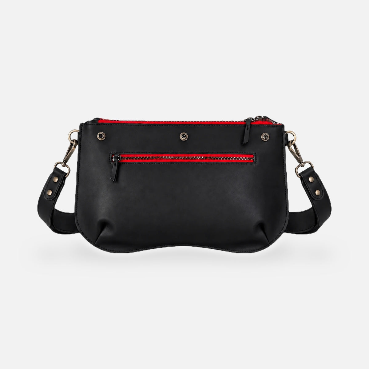 Base Baby Double cuir noir, dos : pressions du rabat et poche zippée