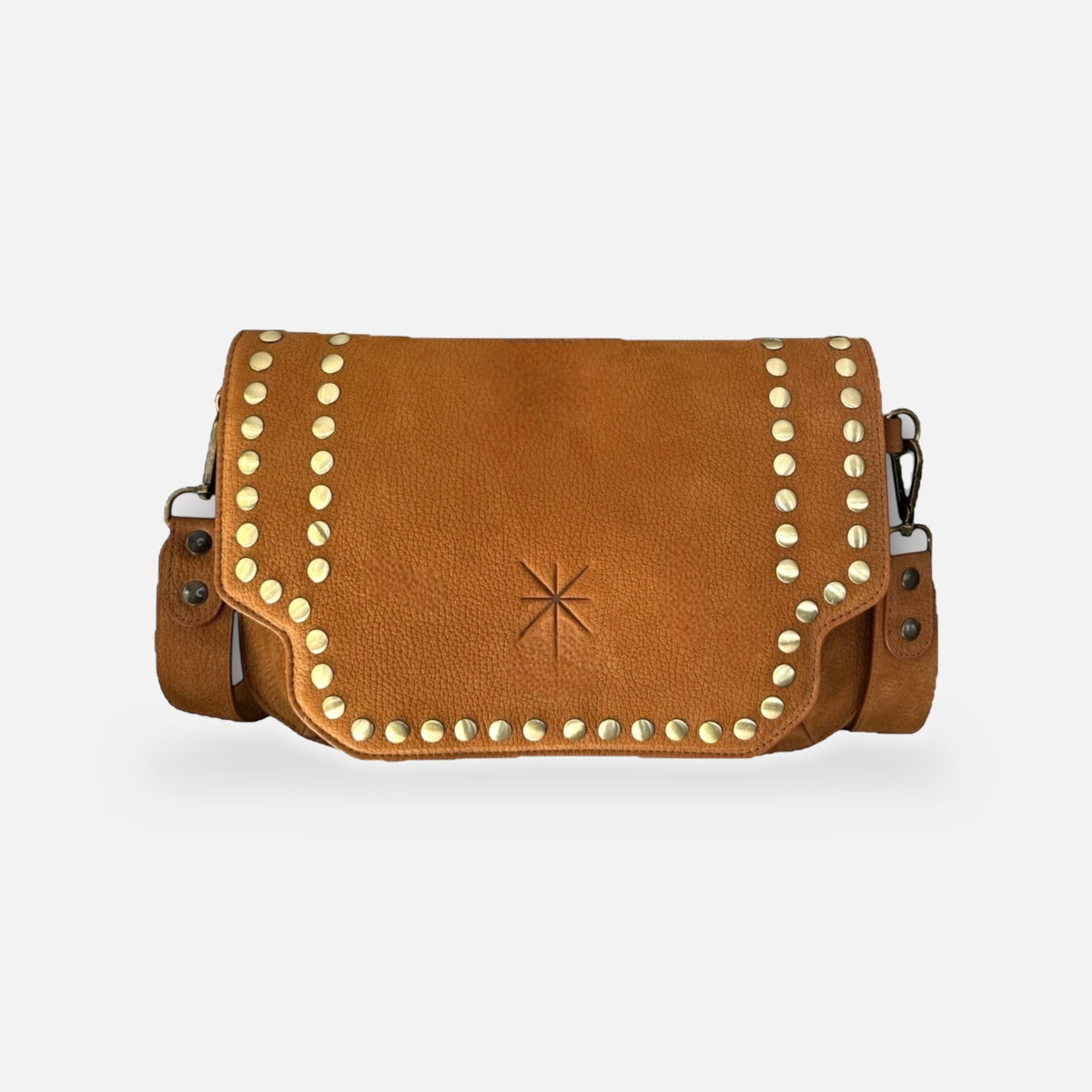 Sac Baby Double Sidia en nubuck camel clouté, vue de face