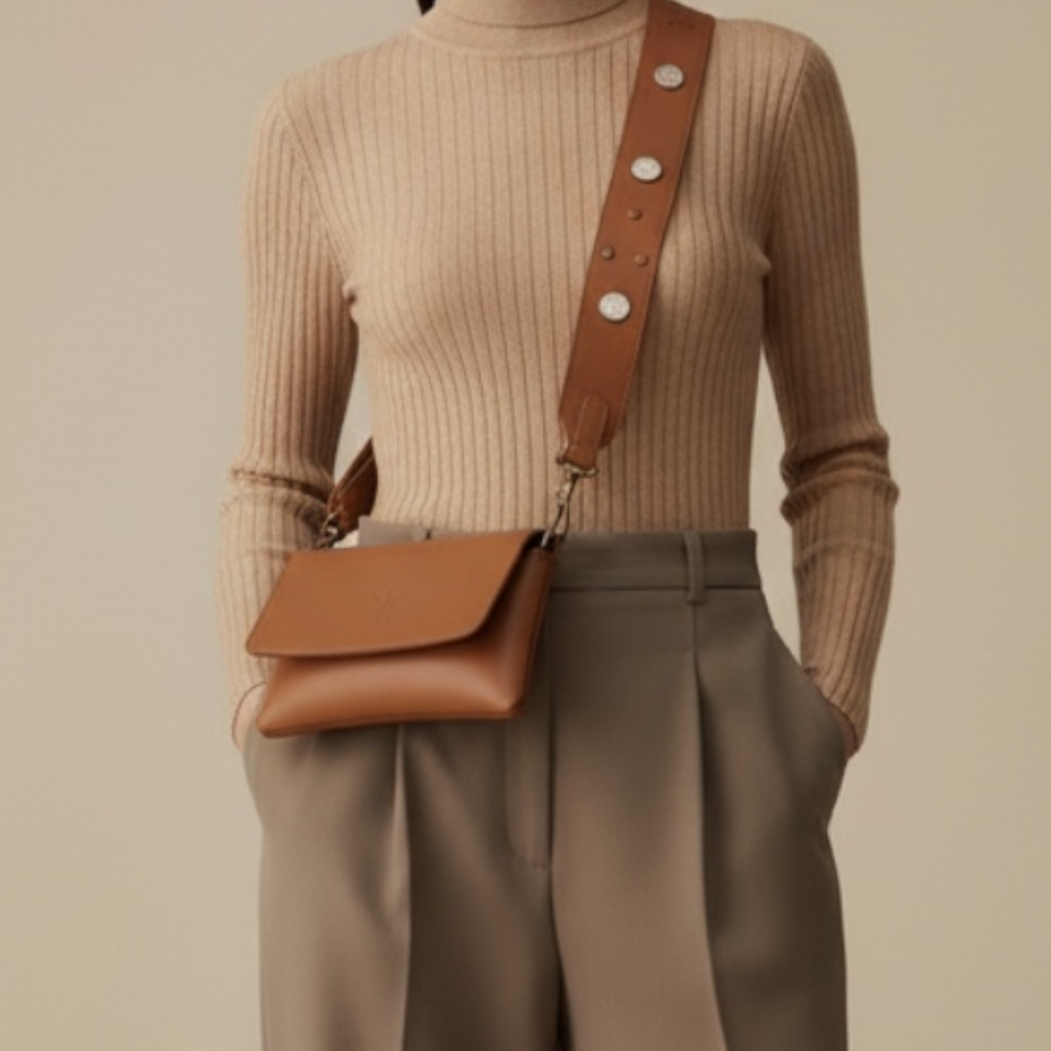 LARGE STUDDED SHOULDER STRAP CAMEL LEATHER 