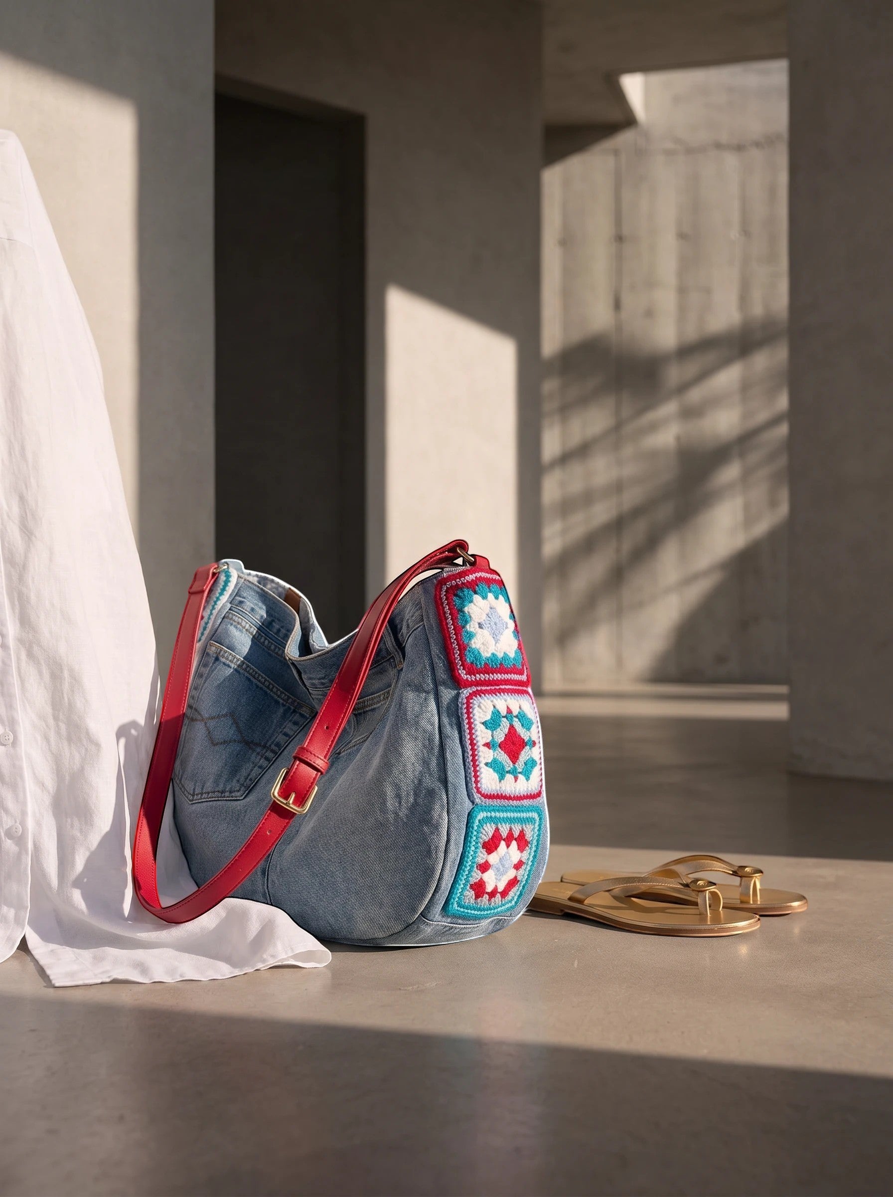 La Stella sac bandoulière en jean recyclé bleu avec appliqués au crochet colorés et bandoulière en cuir rouge.